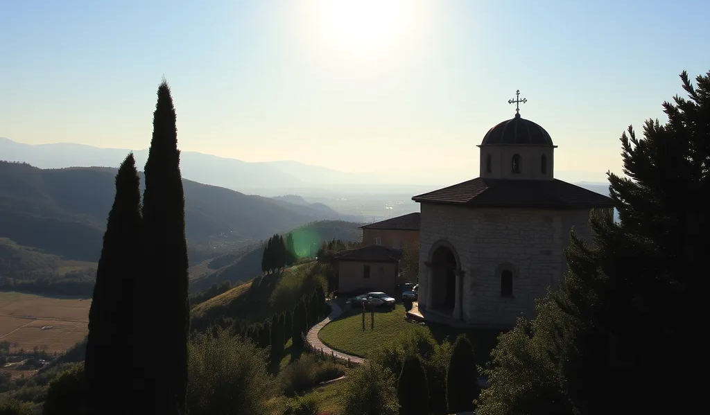 Panorama con una chiesa in primo piano in una bella giornata di sole