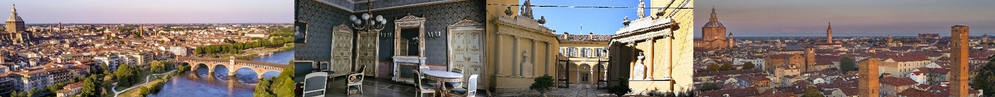 Da sinistra: Ponte Coperto e fiume Ticino, Sala Verde, Palazzo Malaspina, Panorama di Pavia